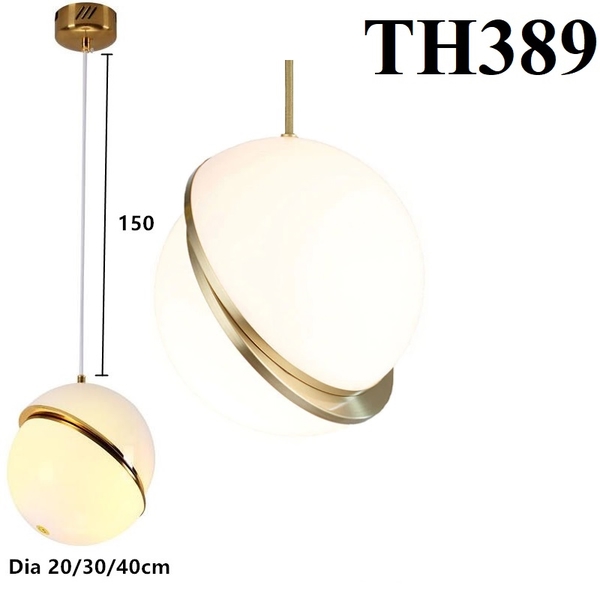 Đèn thả thủy tinh đơn TH389, quả cầu lệch màu trắng đục, E27x01, KT(mm): D250
